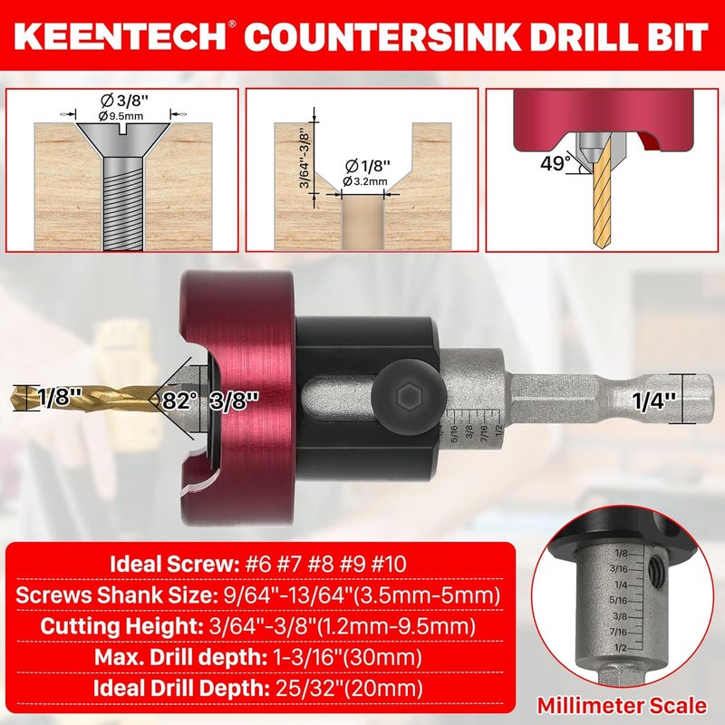 KEENTECH Carbide Tipped 82° Countersink Drill Bit with Depth Stop, 3/8" Dia x 1/8" Drill Diameter x 1/4" Shank, Adjustable Depth Stop with Ball Bearing for High Fine Finish on Softwood and Hardwood - Image 5